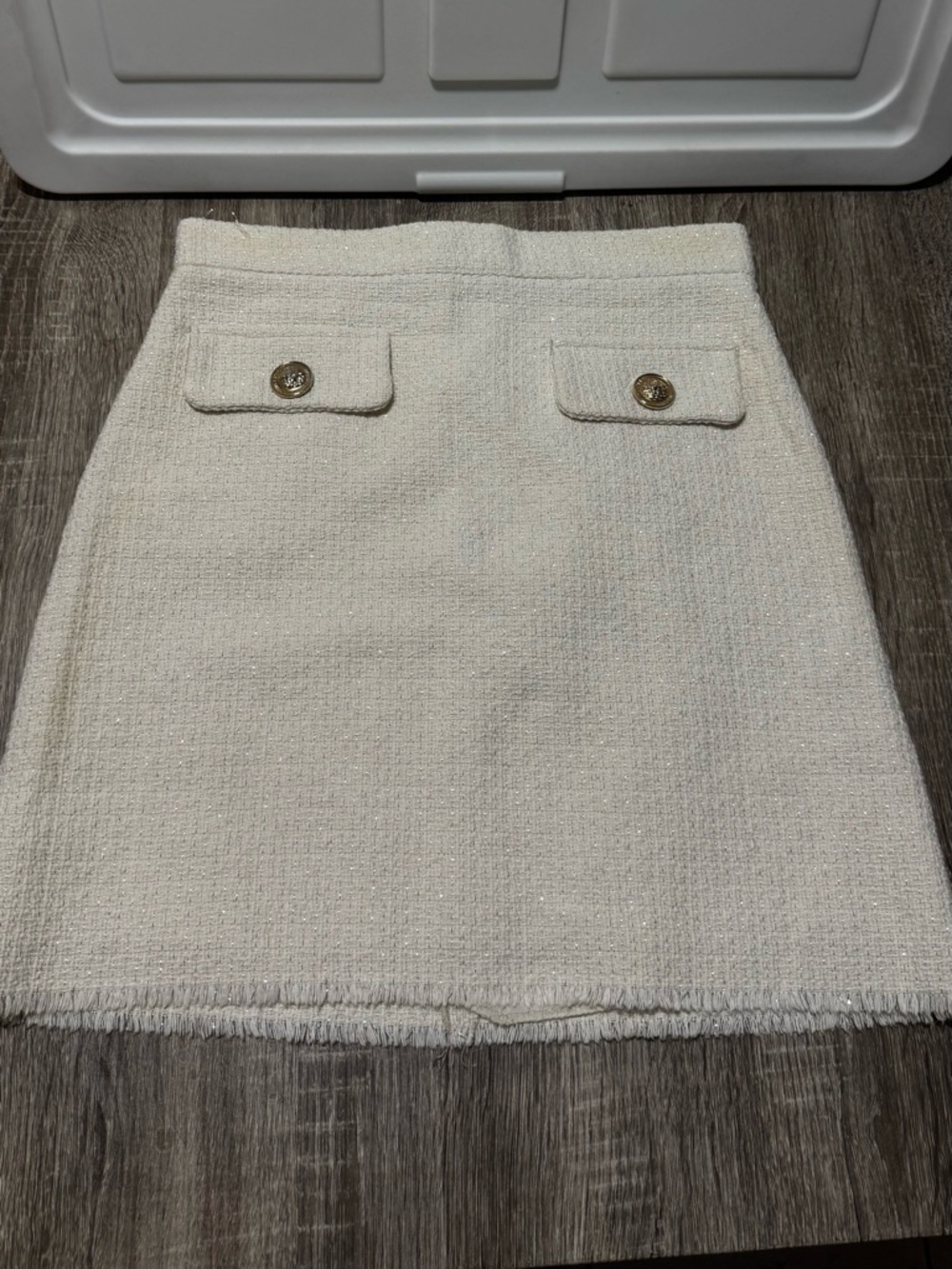 Elegant Cream Tweed Mini Skirt with Decorative Buttons